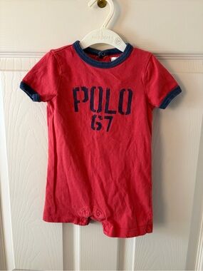 Ralph Lauren Red Short-Sleeve Polo 67 Baby Romper with Navy Trim
